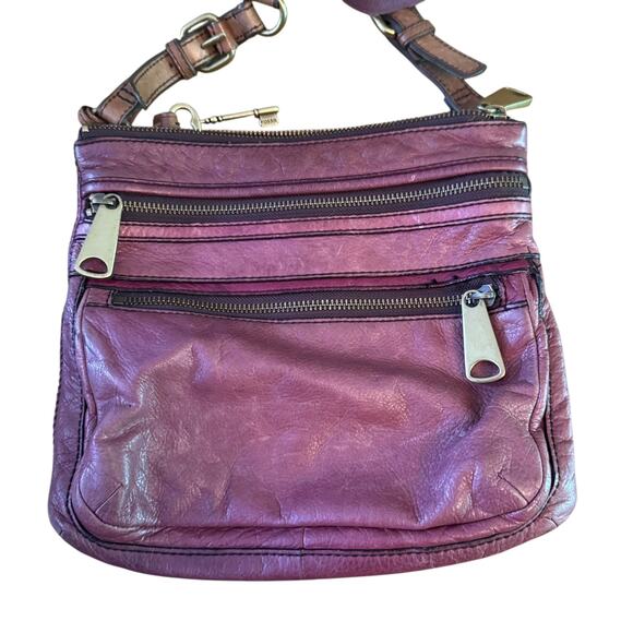 Fossil Burgundy Leather Cross Body Explorer Bag with Brass Hardware - Picture 2 of 7
